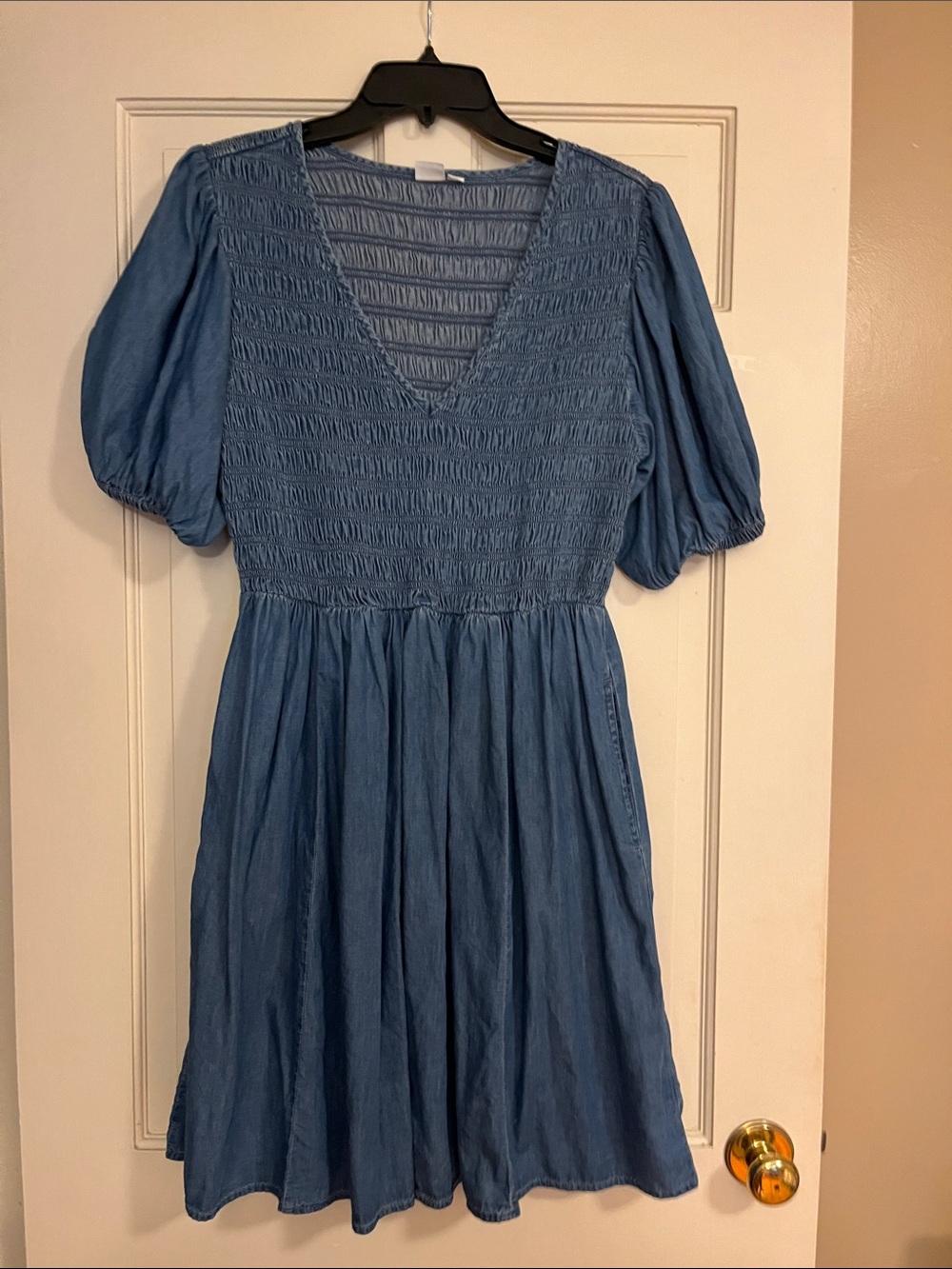 GAP Blue Smocked V-Neck Puff Sleeve Dress